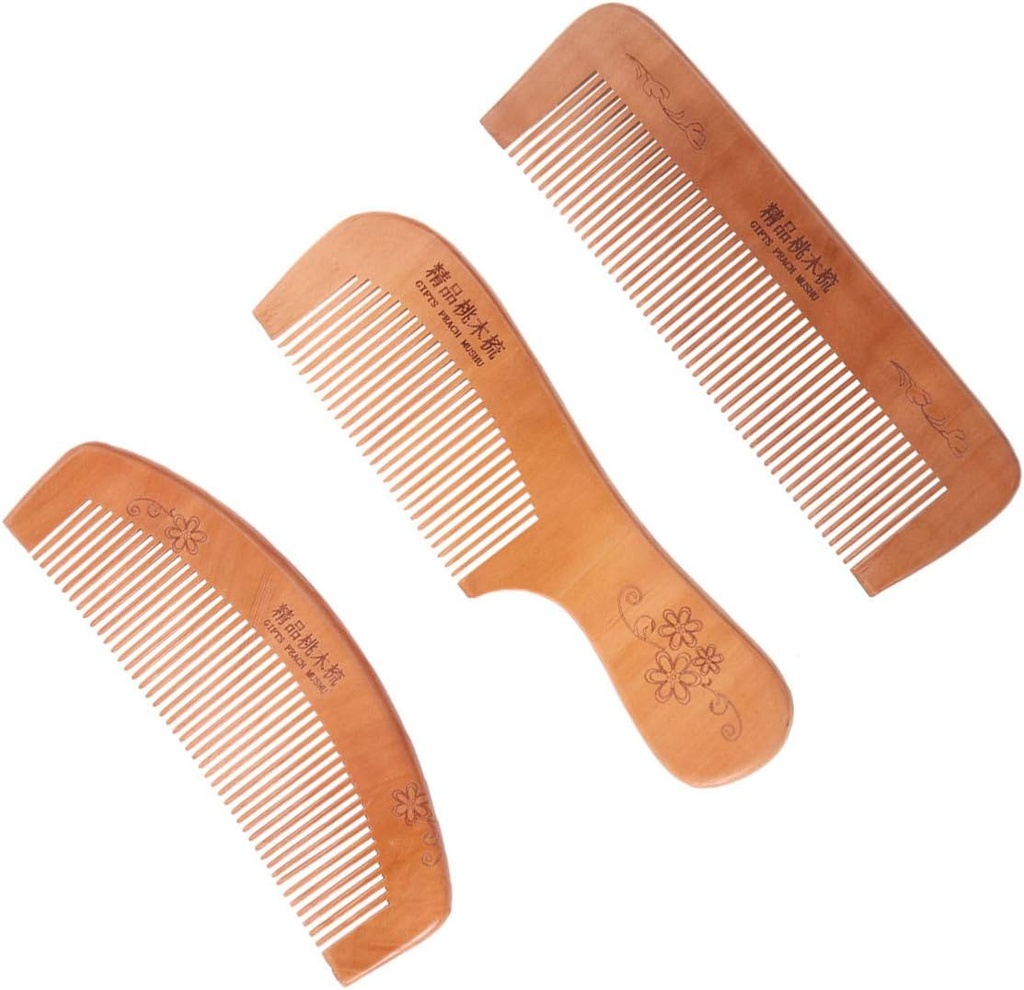 Minkissy 3pcs Peach Wooden Combs Natural Wood Hair Combs Anti-static Combs Half Moon Square Handle Shape Wooden Combs